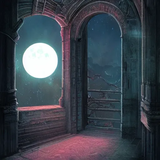 Prompt: elevator to the moon, dreamscape, dramatic lighting, fantasy art illustration, trending on artstation, Aetherpunk