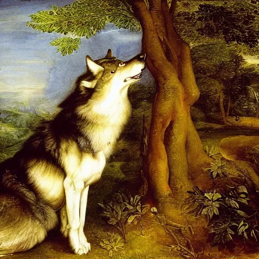 Image similar to A portrait of a wolf, by Jan Brueghel the Elder, Thomas Cole, and Carl Friedrich Deiker