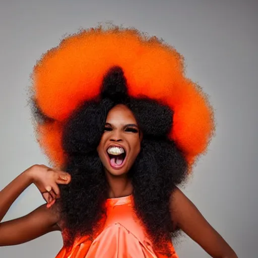 Prompt: Portrait of a playful winking and smiling with tongue out beautiful Black young female model with large afro, in 70s bright fashion orange style, studio lighting, advertising, dramatic colorful lighting, Zeiss 150mm f2.8 Hasselblad, award-winning photo