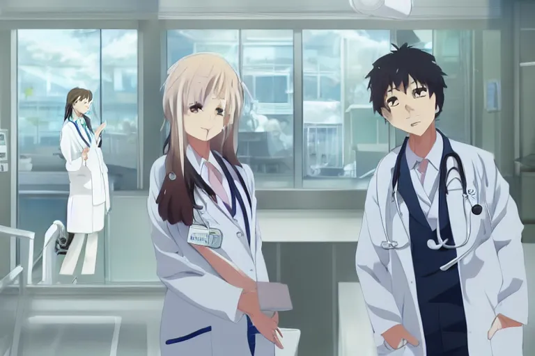 Image similar to a cute young female doctor wearing white coat are talking with an old surgeon in a hospital, slice of life anime, lighting, anime scenery by Makoto shinkai