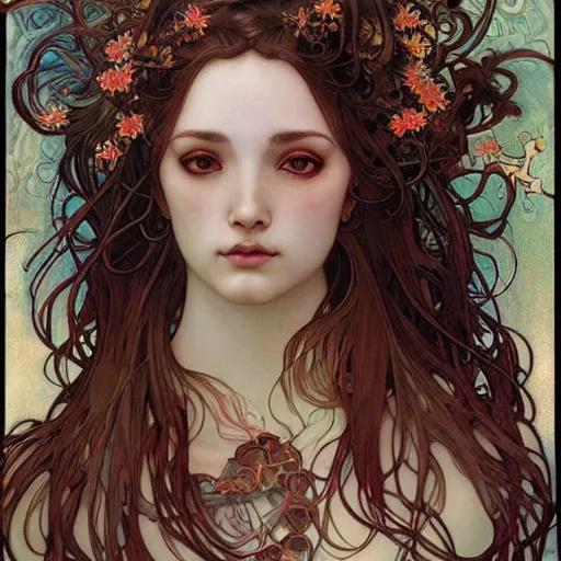 Prompt: realistic detailed face portrait of a Water elemental monk girl with a coral reef rising out of her hair by Alphonse Mucha, Ayami Kojima, Amano, Charlie Bowater, Karol Bak, Greg Hildebrandt, Jean Delville, and Mark Brooks, Art Nouveau, Neo-Gothic, gothic, rich deep moody colors