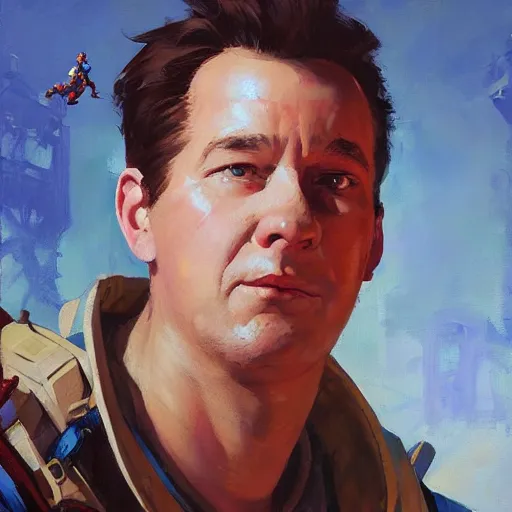 Image similar to greg manchess portrait painting of armored ghostbuster peter venkman overwatch character, medium shot, asymmetrical, profile picture, organic painting, sunny day, matte painting, bold shapes, hard edges, street art, trending on artstation, by huang guangjian and gil elvgren and sachin teng