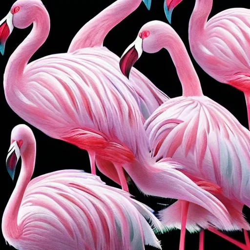 Image similar to A painting filled with flamingos edge to edge. No background, beautiful feather, soft pinks and hard contrasting black beaks. insane detail, photorealistic, cinema4D, extremely high aperture.