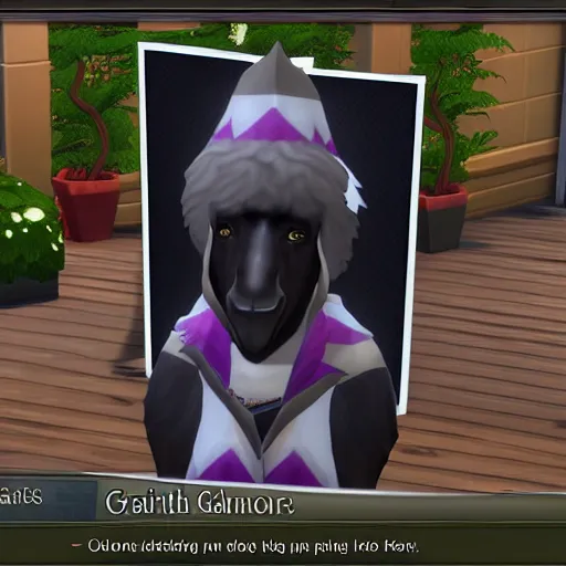 Image similar to an anthropomorphic black goat wizard in the sims 4, screenshot