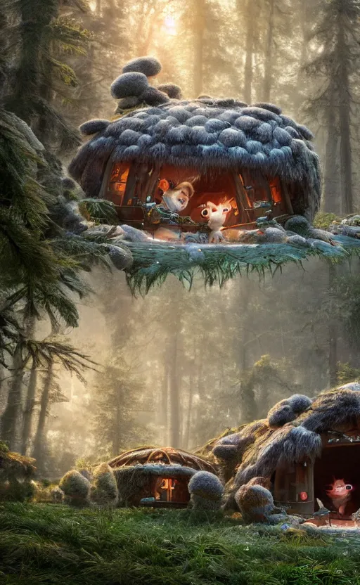 Image similar to a hut made of fur, magical forest, community, robots, electric swirls, furry, soft, concept art, intricate details, highly detailed, photorealistic, disney pixar, octane render, iridescent, anime, 8 k