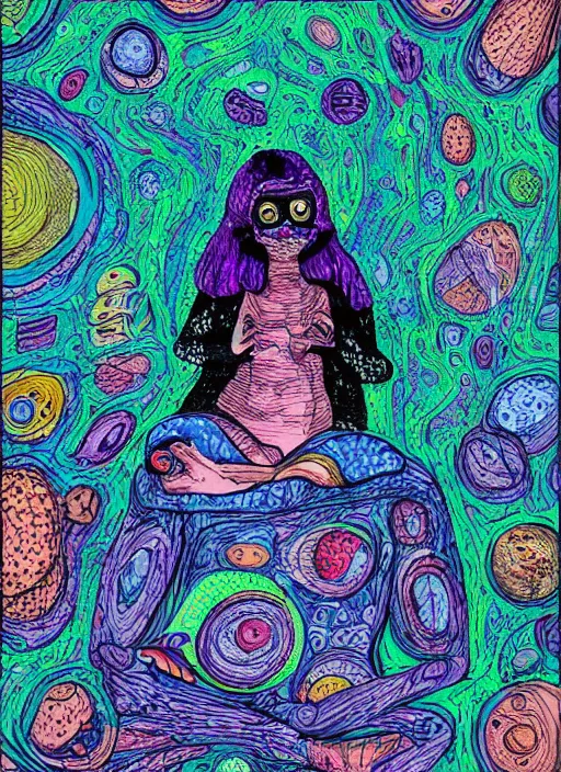 Prompt: girl sitting in a small space, in a web of thoughts and intergalactic objects and thoughts, 1 0 frogs sitting around her, despaired yet hopeful, digital art, very detailed, vibrant colours