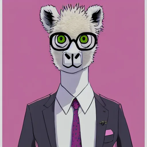 Image similar to portrait of a pink alpaca wearing a suit by Hayao Miyazaki, manga, trending on artstation, beautiful, colorful