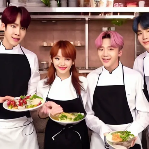 Prompt: BTS k-pop stars cooking show in 4k in gourmet kitchen with great lighting with Emma Watson as guest host