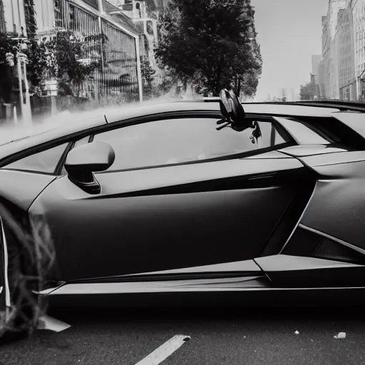 Image similar to black and white press photograph of a man in a suit pushing a lamborghini that is out of gas on a busy city street, sideview, detailed, natural light, mist, film grain, soft vignette, sigma 5 0 mm f / 1. 4 1 / 1 0 sec shutter, imax 7 0 mm footage