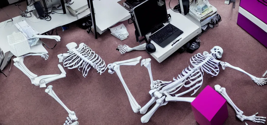 Image similar to the skeleton lies on the ground in front of the computer, office, magenta and blue