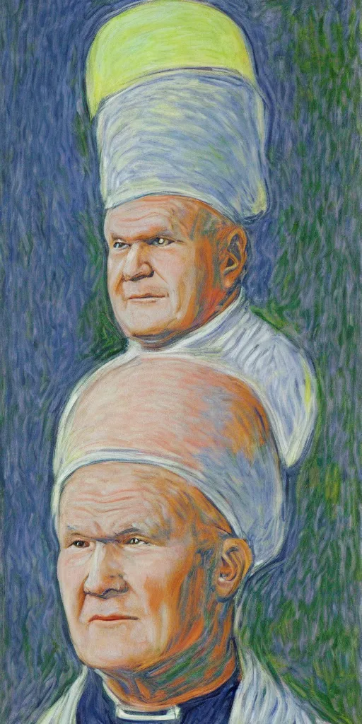 Image similar to portrait of john paul ii wearing piccolo's from dragon ball z white turban with a dome on top by claude monet