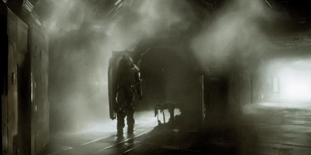 Image similar to a tight shot of a dark Alien ship interior corridor by Ridley Scott with lots of steam, Aliens movie, grainy, moody, dark, bleak