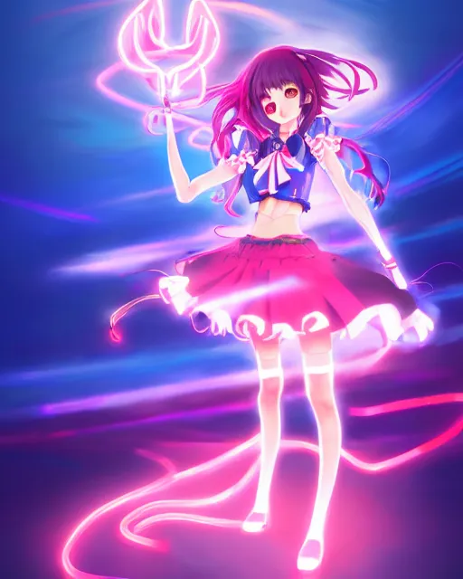 Image similar to anime style, vivid, expressive, full body, 4 k, painting, a cute magical girl idol with a long wavy hair wearing a dress fighting monsters, correct proportions, stunning, realistic light and shadow effects, neon lights, studio ghibly makoto shinkai yuji yamaguchi