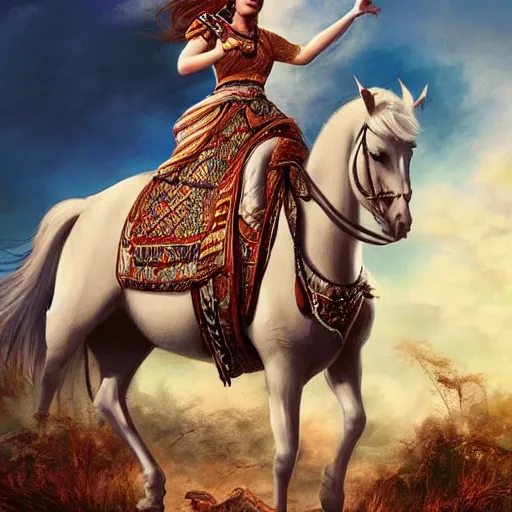 Image similar to full body shot of a beautiful young kurdish woman riding a beautiful white horse in the kurdish mountains art by martin ansin, highly detailed, 8 k, high resolution, award winning art, incredibly intricate, beautiful and symmetrical face