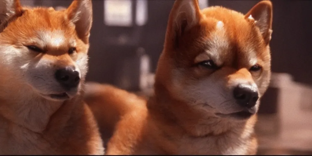 Prompt: a screenshot of the alien movie in 1 9 7 9 but the alien is a shiba inu dog