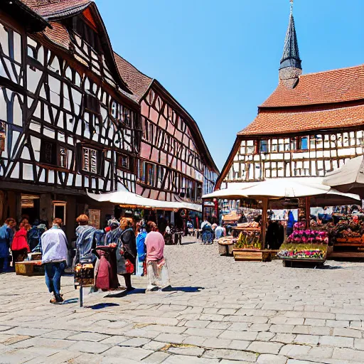 Image similar to A photograph taken in 1200AD of the market Square of a medieval town, Germany 1200AD. midday, clear sky. The market is filled with merchants selling goods and surrounded by Half-timbered houses. cobblestone, brick, market, tents, merchants. 75mm