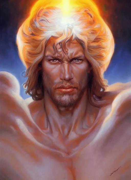 Image similar to a epic portrait of the god of light, art by boris vallejo and greg danton and denys tsiperko, detailed, hyperrealism, artstation