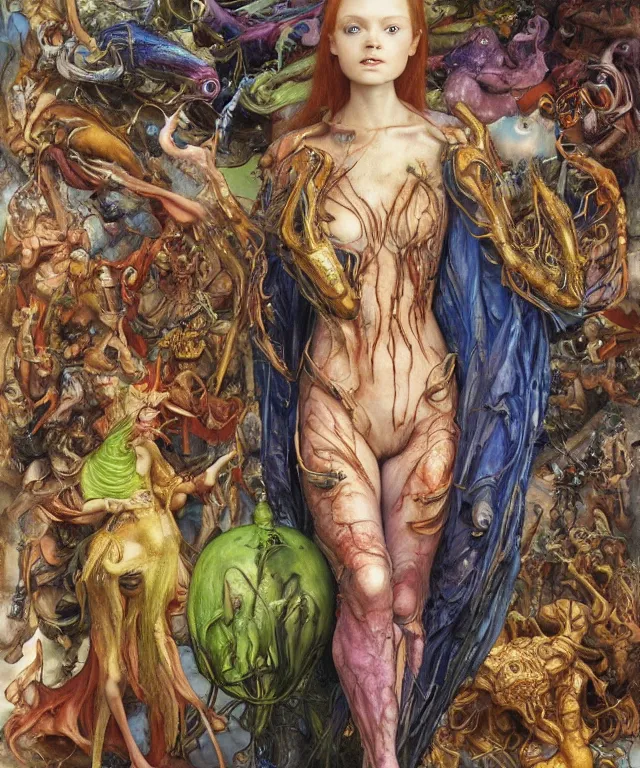 Image similar to a portrait photograph of a bestial mutated alien super villian with slimy skin and wings. she looks like sadie sink and is trying on a colorful infected bulbous shiny organic catsuit. by donato giancola, hans holbein, walton ford, gaston bussiere, peter mohrbacher and brian froud. 8 k, cgsociety, fashion editorial