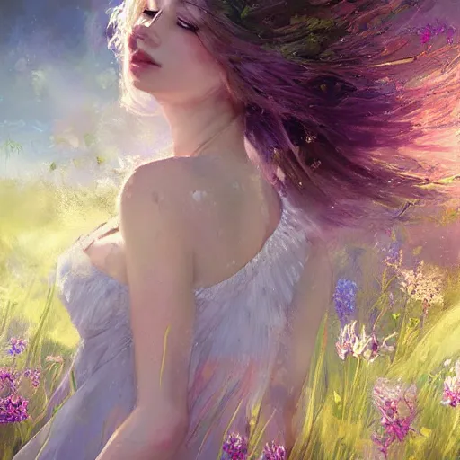 Prompt: A goddess in a field of flowers, bursting with holy light, the weather bright, light shining out from the clouds, Tyndall effect by wlop --h 1024 --w 1024