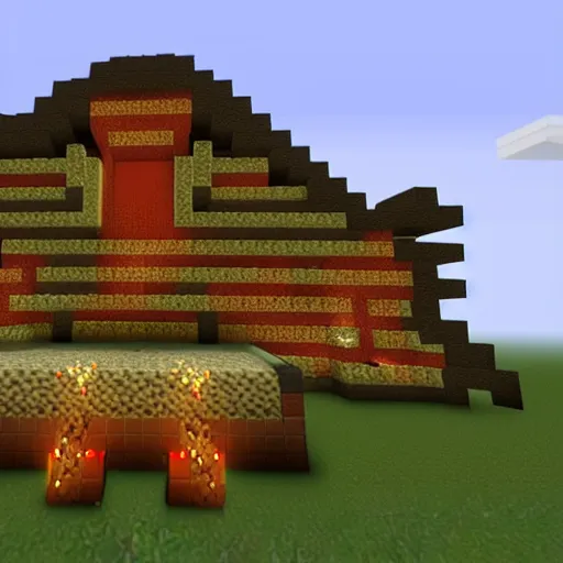 Prompt: minecraft mansion made out of netherrack, lit with redstone and torches