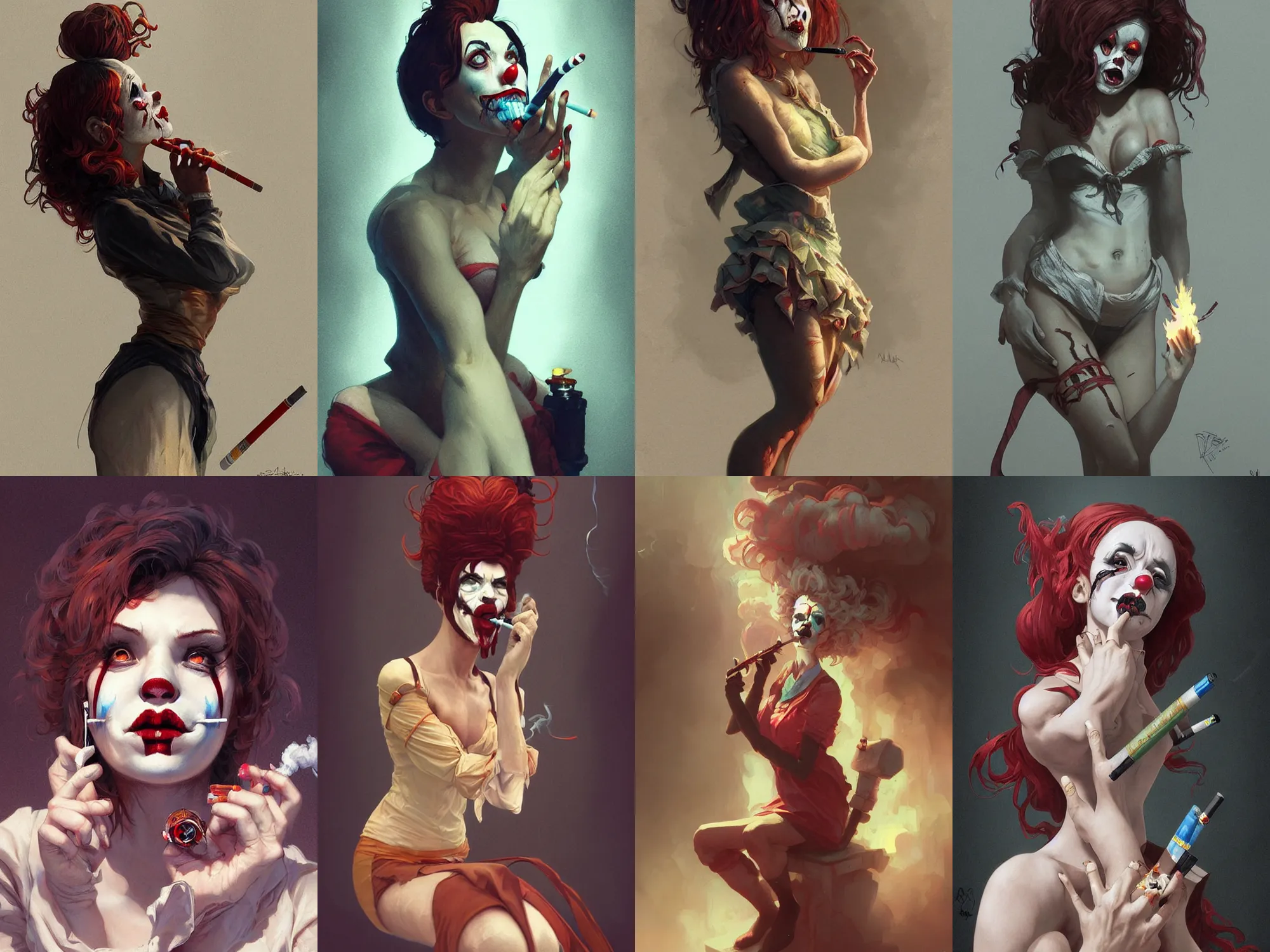 Image similar to horror clown girl pondering nuclear destruction smoking a cigarette, highly detailed, digital painting, artstation, concept art, smooth, sharp focus, illustration, art by artgerm and greg rutkowski and alphonse mucha and loish and WLOP