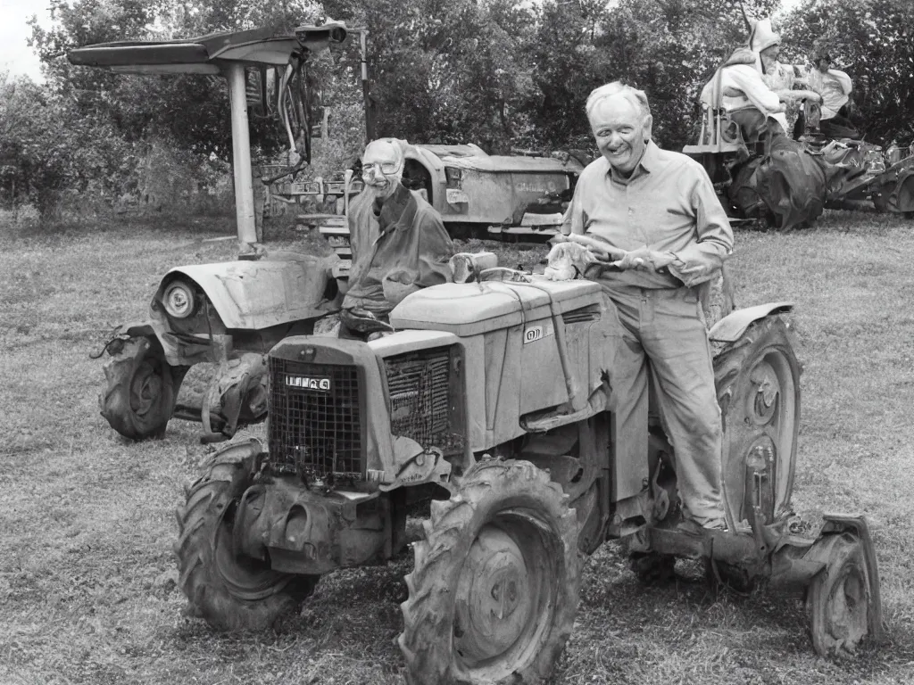 Prompt: happy finnish grandpa posing next to his new valmet - tractor smiling to the camera, 1 9 6 6, home album pocket camera photo, detailed facial features, hyper realistic