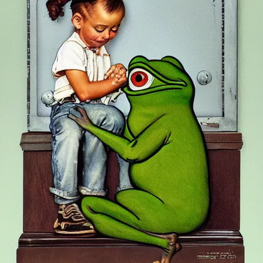 Prompt: pepe the frog at school by norman rockwell
