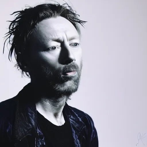 Image similar to Singing Thom Yorke, with a beard and a black jacket, a portrait by John E. Berninger, dribble, neo-expressionism, uhd image, studio portrait, 1990s