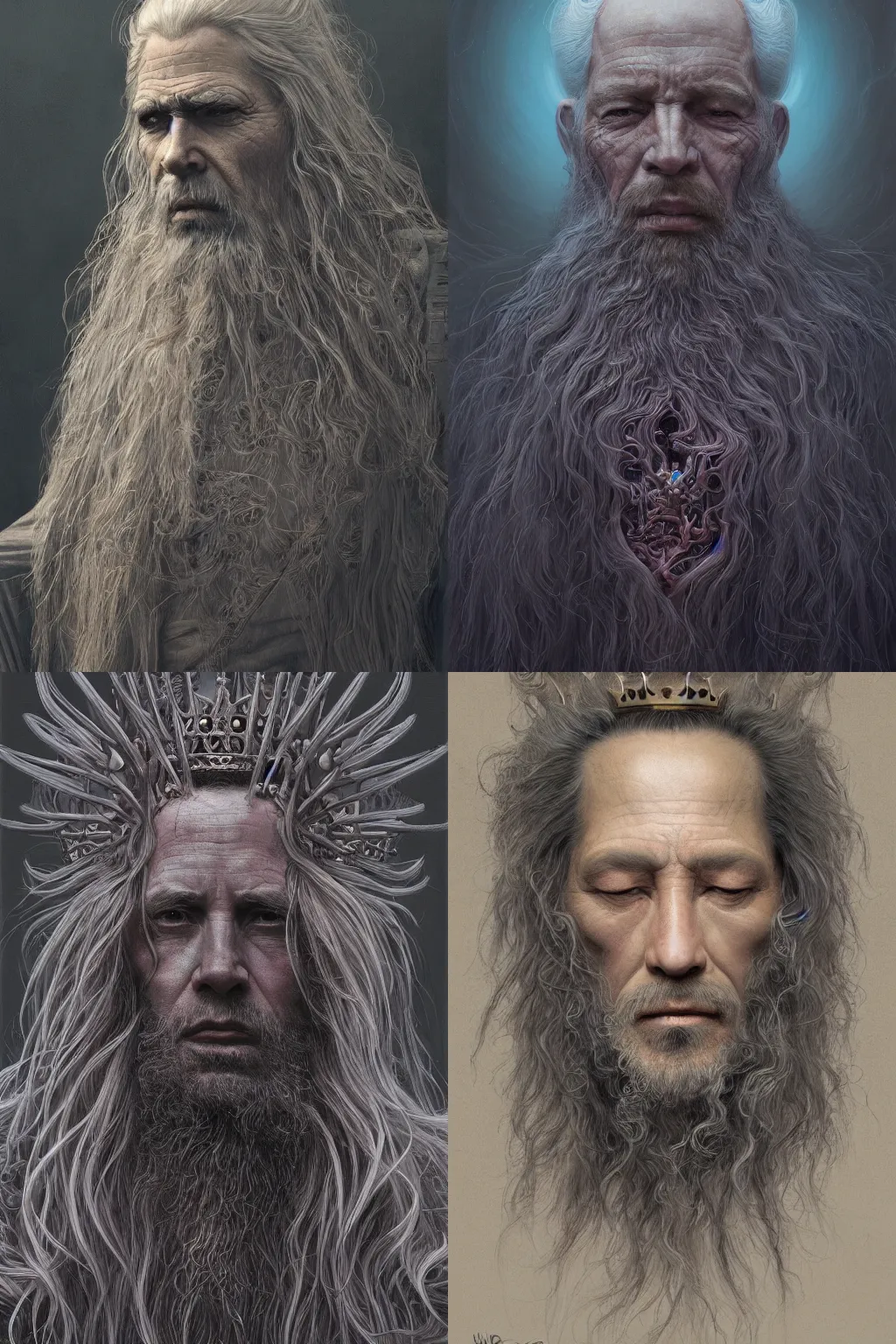 Prompt: a king with long hairs, art by James Jean and Wayne Barlowe, high detail, cinematic, cgsociety 8k