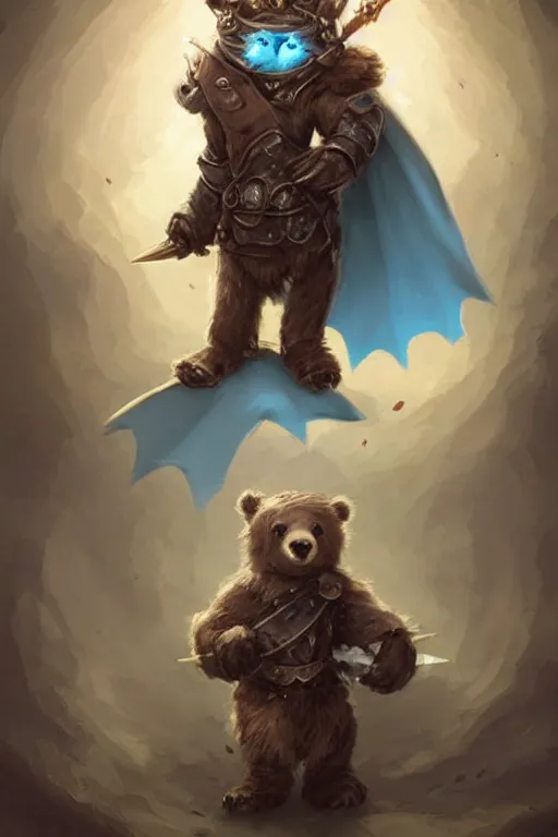 Image similar to cute little anthropomorphic bear knight wearing a cape and a crown, tiny, small, miniature bear, baby animal, short, pale blue armor, cute and adorable, pretty, beautiful, DnD character art portrait, matte fantasy painting, DeviantArt Artstation, by Jason Felix by Steve Argyle by Tyler Jacobson by Peter Mohrbacher, cinematic lighting