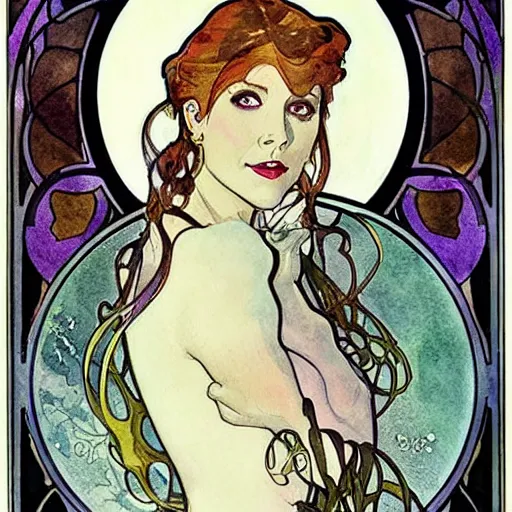 Prompt: watercolor and ink portrait of buffy summers, art nouveau, alphonse mucha,