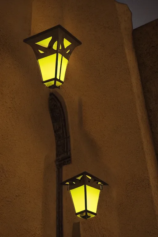 Prompt: detail shots of a lantern designed by antonin gaudi glowing in a street in barcelona at night, raytracing, 8 k, octane render, volumetric, vivid, beautiful, hyperrealism