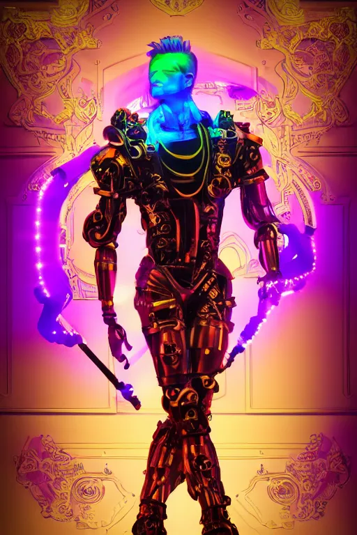 Image similar to full-body neon porcelain baroque cyberpunk style sculpture of a muscular handsome prince as a high-fashion half-robot wearing retro shades with a porcelain body, corrupted battery, leaking glowing neon radioactive liquid, electric sparks, glowing violet laser beam eyes, crown of giant crt monitors, flowing pink and orange neon-colored glitched silk, luminescent fabrics, mechanical raptors. baroque and steampunk elements. full-length view. baroque element. intricate artwork by caravaggio. Very very very very highly detailed epic photo of face. Trending on artstation, octane render, cinematic lighting from the right, hyper realism, octane render, 8k, depth of field, 3D