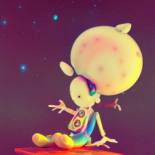 Image similar to puppet by takashi murakami,, beeple and james jean, aya takano color style, 4 k, super detailed, night sky, digital art, digital painting, celestial, majestic, colorful