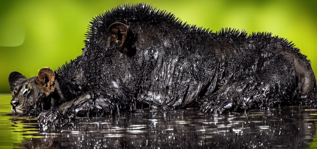 Image similar to a black lioness, made of ferrofluid, bathing inside the lake of ferrofluid, full of goo, covered with ferrofluid. dslr, photography, realism, animal photography, color, savanna, wildlife photography