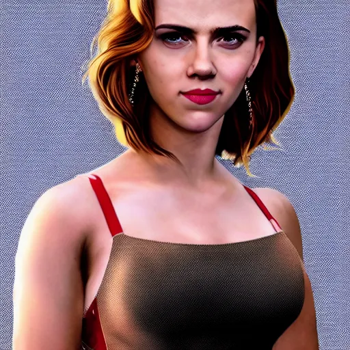 Image similar to a woman who is a genetic combination of scarlett johansson and emma watson face and upper - body focus