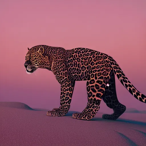 Image similar to android leopard in the middle of the desert, matte metal and chrome :: by beeple and James Gilleard and Justin Gerard :: ornate, dynamic, particulate, intricate, elegant, highly detailed, centered, artstation, smooth, sharp focus, octane render, 3