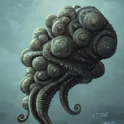 Prompt: Lovecraftian horror creature, bubbly cloud background, artstation, character concept art, hyper-realism, artstation