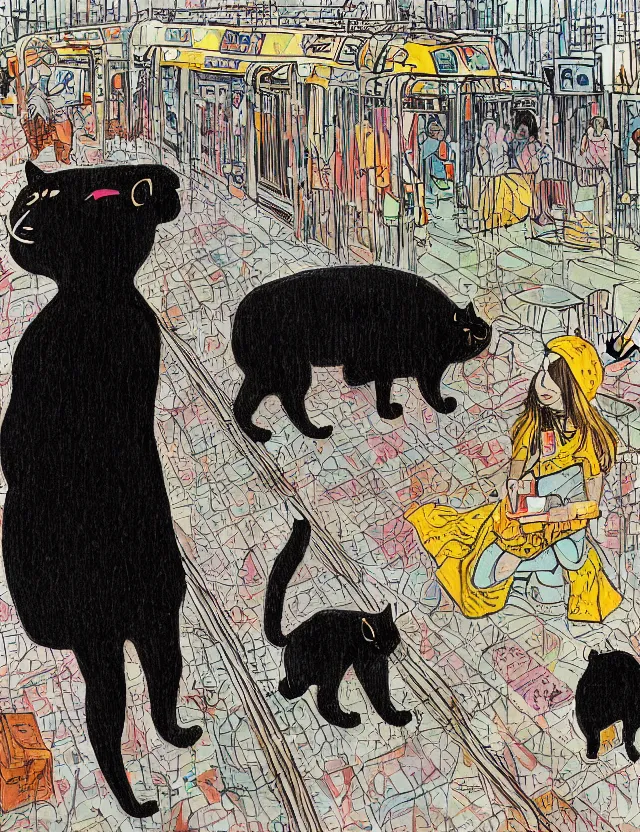 Image similar to realistic portrait of a girl with her stoned black cat jumpig at a lion lost in the very busy and crowdy NYC subway looking at a train arriving late on a rainy morning by James Jean