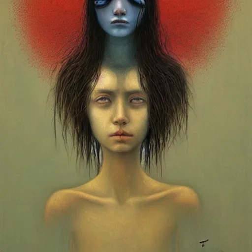Prompt: young teen female with who is half crow, with crows head, painting by Beksinski