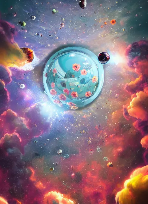 Image similar to An epic fantastic realism comic book style painting of the most beautiful flowers launched into space, perfect shiny silver iridescent spheres, bouquets, fisheye lens, unreal 5, DAZ, hyperrealistic, octane render, dynamic lighting