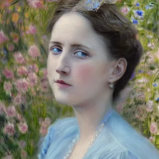 Image similar to portrait painting of a lady in a light blue dress 1 9 0 0 s entire face shown in great detail, garden, photorealistic, extreme detail, sharp focus, 8 k, intricate, hyper detailed, realistic, cinematic lighting