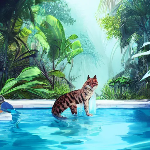 Image similar to swimming pool in the middle of the jungle a cat and a dog playing around , empty beach chair , highly detailed, digital painting, artstation, concept art