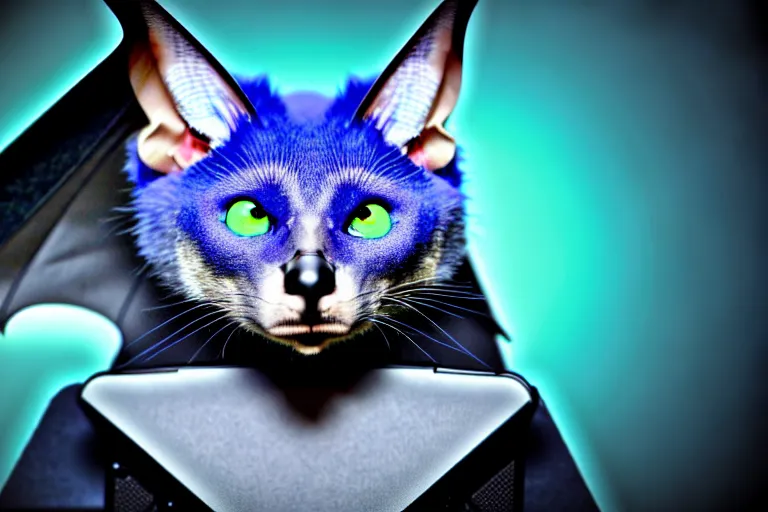 Image similar to a blue - and - black male heterochromatic catbat fursona with blue / green heterochromatic eyes ( differently - colored eyes, one green, one blue ) and huge bat ears, photo of the catbat streaming on his computer