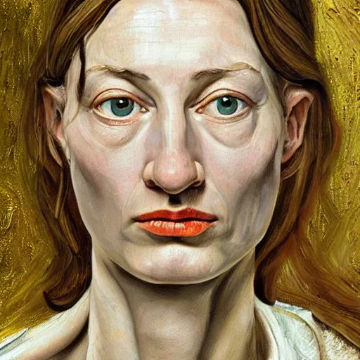 Image similar to high quality high detail painting by lucian freud, hd, galadriel from lord of the rings