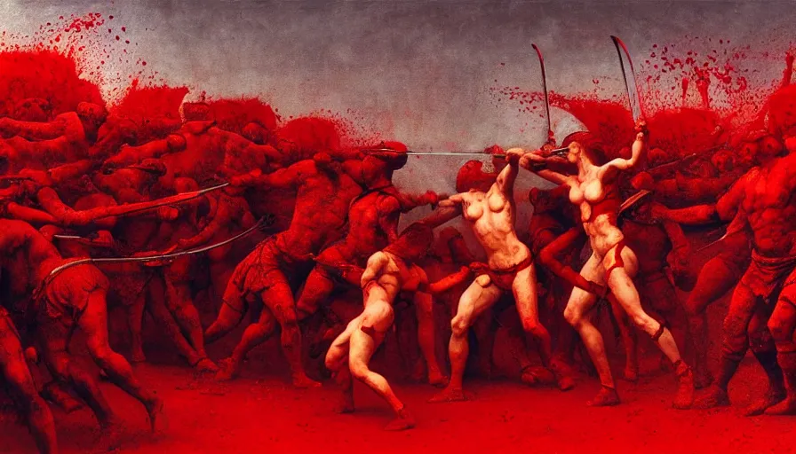 Image similar to only with red, bloody gladiator battle in a crowded roman amphitheatre, crowd cheering, in the style of beksinski and edward hopper and rodcenko and yue minjun and cory loftis, intricate and epic composition, red by caravaggio, highly detailed, masterpiece, red light, artstation, art nouveau