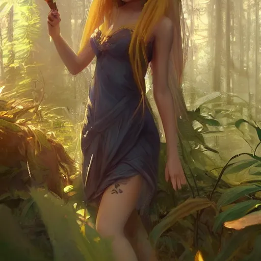 Prompt: wizard girl with long yellow hair wearing a dress in a jungle, beautiful girl, digital art, drawing, by artgerm, by wlop, by jeremy lipking, by greg rutkowski, trending on artstation, octane render, anime style