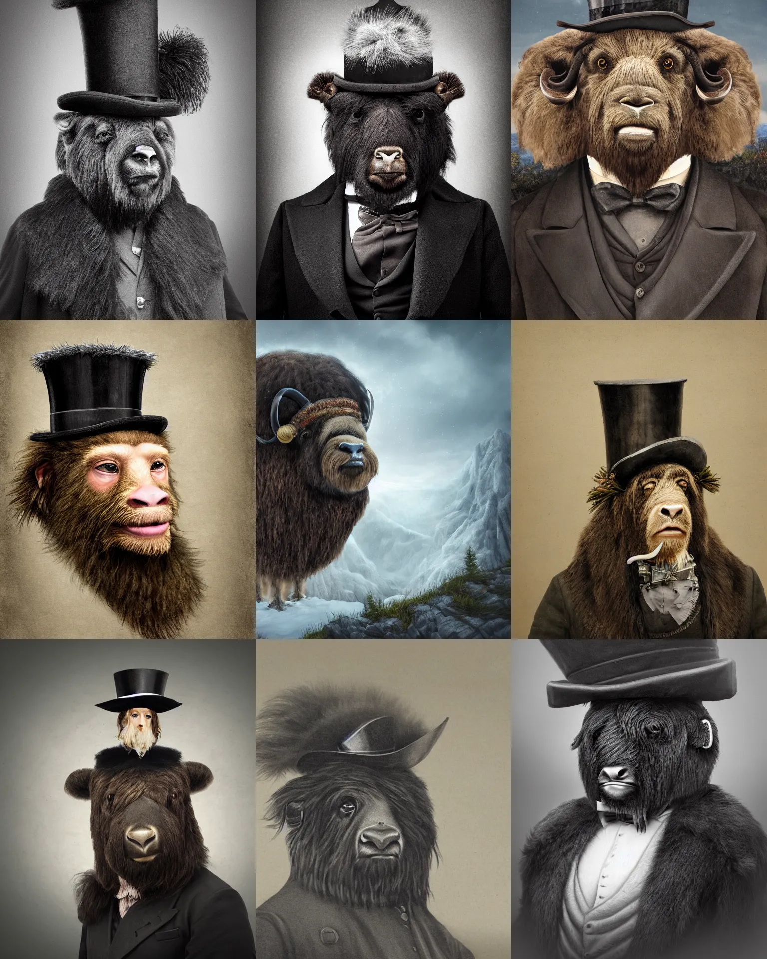 Prompt: highly detailed portrait photo of an anthropomorphic mutant with the head of a musk ox, wearing a overgown and a top hat in a dystopian scenic environment, hyperrealistic Illustration