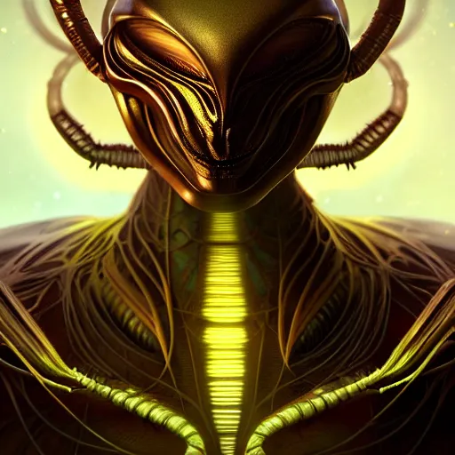 Image similar to hyper advanced alien evolved from a locust, sci fi, glowing eyes, volumetric lights, gold theme, art nouveau botanicals, intricate, highly detailed, digital painting, artstation, concept art, smooth, sharp focus, cinematic, illustration, beautiful face, art by artgerm and greg rutkowski and alphonse mucha