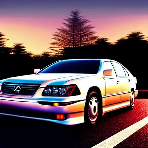 Prompt: a car Lexus LS400 VIP in middle of road, gunma prefecture, city sunset night, cinematic color, photorealistic, highly detailed